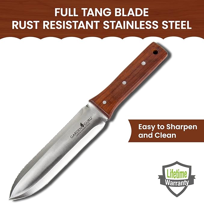 Garden Guru Hori Hori Gardening Knife for Weeding, Digging, Pruning, and Cultivating - Stainless Steel Full Tang Blade | Marks for Measuring Planting Depth