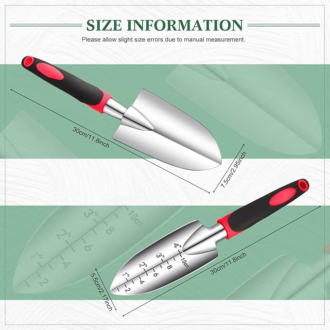 Honoson Garden Hand Trowel Transplant Trowel with Measurements Aluminum Alloy Planting Tools with Rubber Handle Small Gardening Hand Tools Shovels for Gardening Cultivating Transplanting Supplies