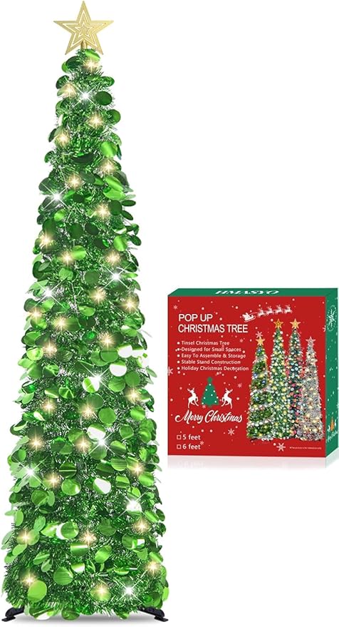 HMASYO 5 FT Pop Up Christmas Tree with Timer Lights, Green Christmas Tinsel Tree, Collapsible Artificial Pencil Christmas Tree for Indoor Home Apartment Porch Holiday Party Decorations