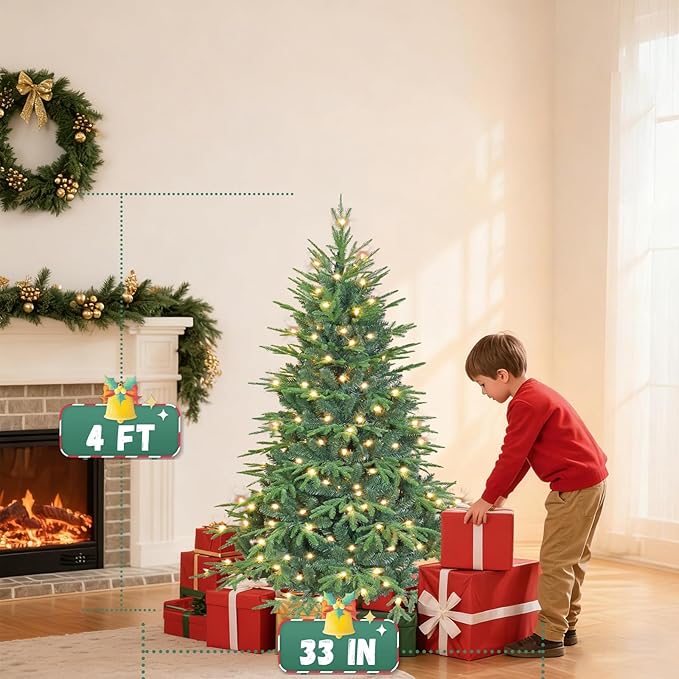 4ft Prelit Artificial Christmas Tree with 907 PE PVC Tips, Premium Pre-Lit Holiday Xmas Tree with 150 UL Incandescent Lights, Metal Hinges & Foldable Base for Home Office Party, Green