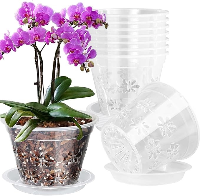 Orchid Pot, 8 Pack 7 inch Orchid Pots with Holes & Saucers, Clear Plastic Pot for Repotting, Breathable Ventilation Planters for Phalaenopsis, Dendrobium & Oncidium Orchids
