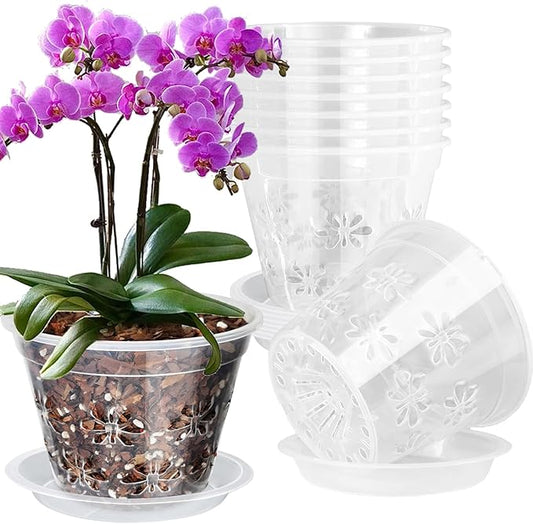Orchid Pot, 8 Pack 8 inch Orchid Pots with Holes & Saucers, Clear Plastic Pot for Repotting, Breathable Ventilation Planters for Phalaenopsis, Dendrobium & Oncidium Orchids