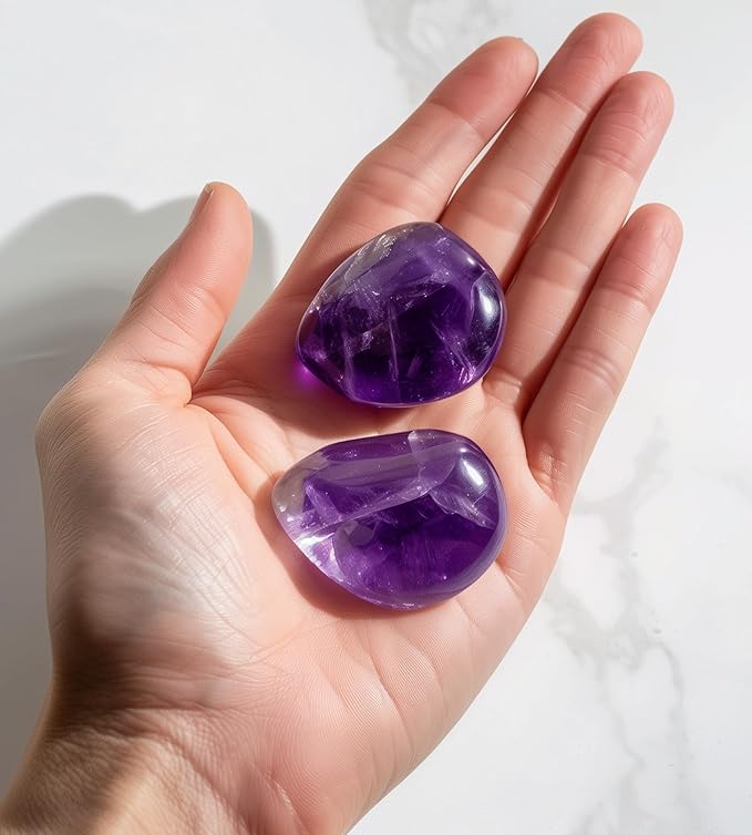 Polished Amethyst Crystal Stones - 2 Pcs of 1.2" Worry Stone for Anxiety, Pocket Palm Stone Super Large Handpicked Natural Tumbled Gemstones for Meditation, Reiki, Chakra Healing, Home Decor