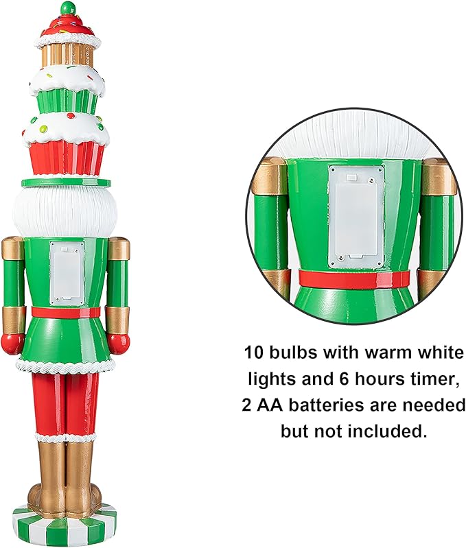 Glitzhome 28''H Lighted Resin Christmas Nutcracker with Cupcake Hat Porch Decor with Timer, Xmas Winter Patio Front Porch Indoor Outdoor Home Standing Decor