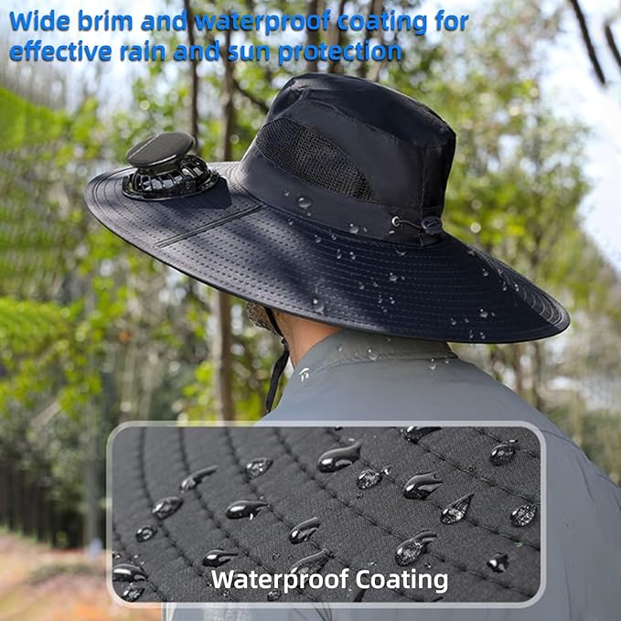 Solar Fan Hat Wide Edge Outdoor, Waterproof Solar Powered Fan Hat with 2 Solar Fan for Men Women, Lightweight Cooling Hats with Detachable and 3-Speed Adjustable Solar Fan Black