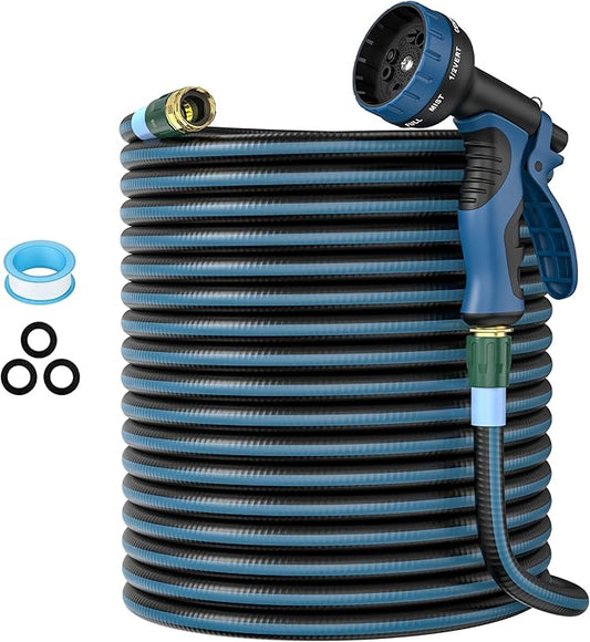 Heavy Duty Non-Expanding Garden Hose 100ft - Durable Reinforced Water Hose with Leak-Proof Construction ， Kink-Resistant, TPV material, 10-Function Spray Nozzle, 3/4" Connector & Portable Strap（100FT)