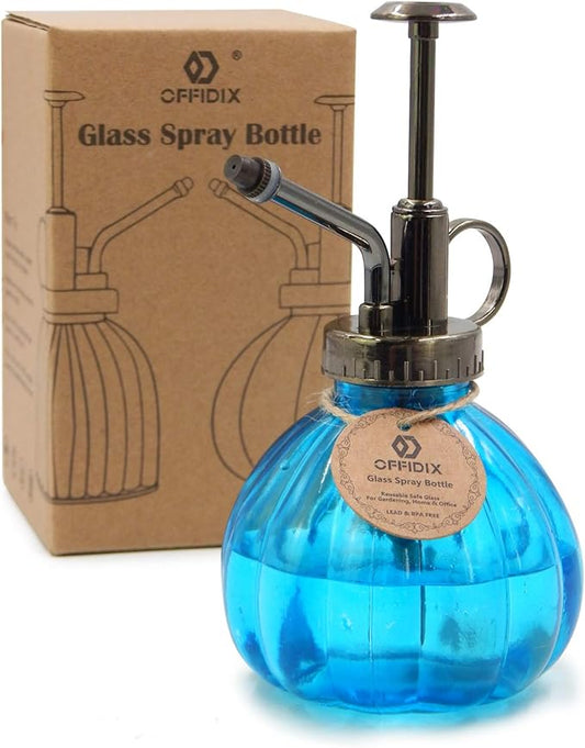 OFFIDIX Glass Watering Spray Bottle, 6.3" Tall Vintage Style with Bronze Plastic Top Pump One Hand Watering Can Spray Bottle (Light Blue)
