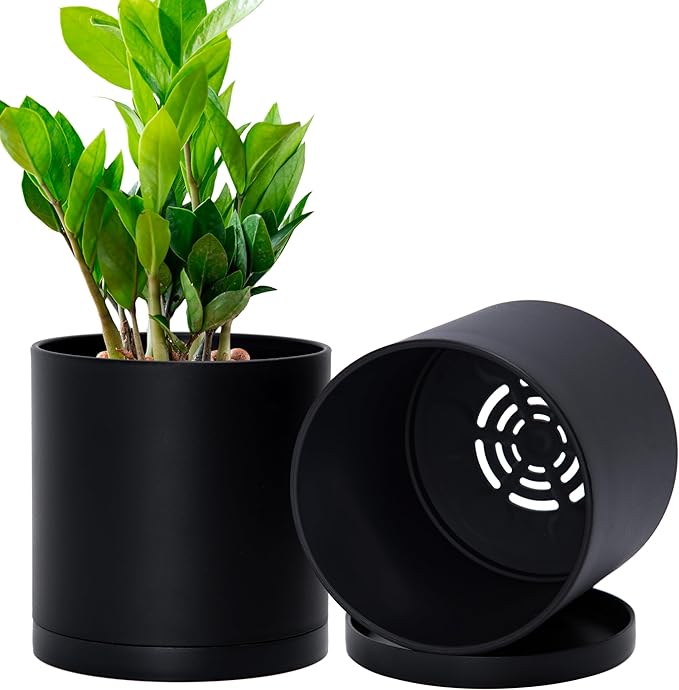 D'vine Dev 2 Pack 5.5 Inch Modern Plastic Plant Pots, Small Garden Planters for Plant with Drainage Holes and Saucers, Black Color, 74-Y-H-1