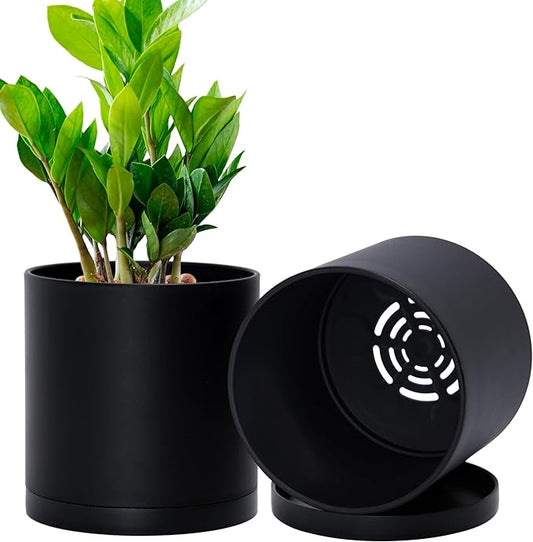 D'vine Dev 2 Pack 5.5 Inch Modern Plastic Plant Pots, Small Garden Planters for Plant with Drainage Holes and Saucers, Black Color, 74-Y-H-1