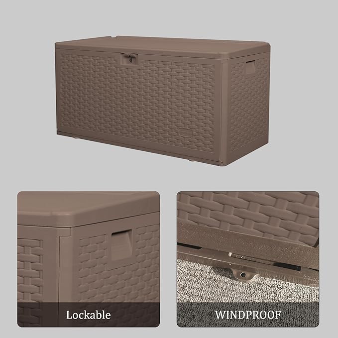 TARKARI Premium Pro Edition 73 Gallon Lockable Resin Deck Box, Waterproof & UV-Resistant Outdoor Storage Box for Outdoor Cushion Storage, Garden Tools & Pool Accessories Storage, Brown