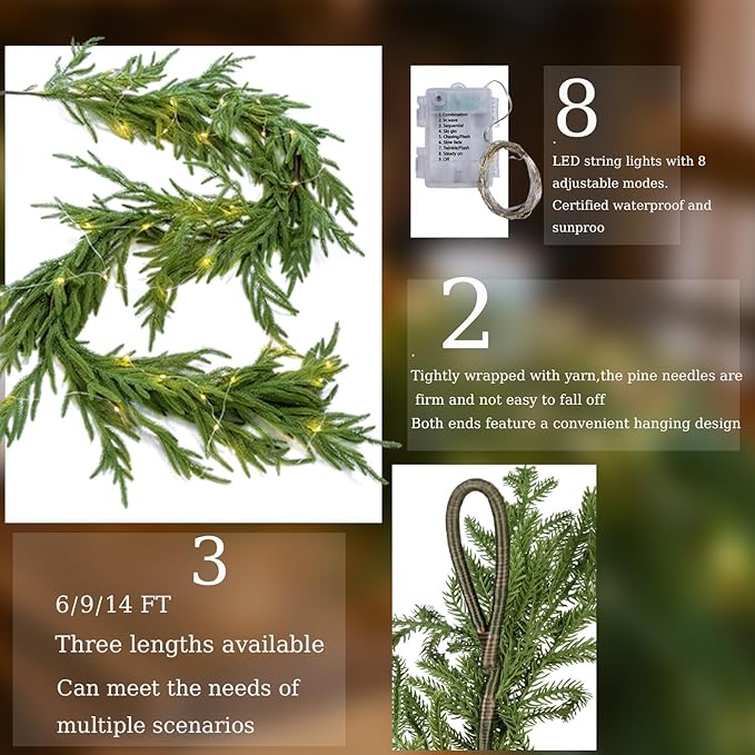 MISSPIN 9ft Christmas Garland with String Lights, Real Touch Cedar Pine Garland, Green Artificial Greenery Garland for Table, Mantle, Wall, Indoor, Outdoor Christmas Decorations