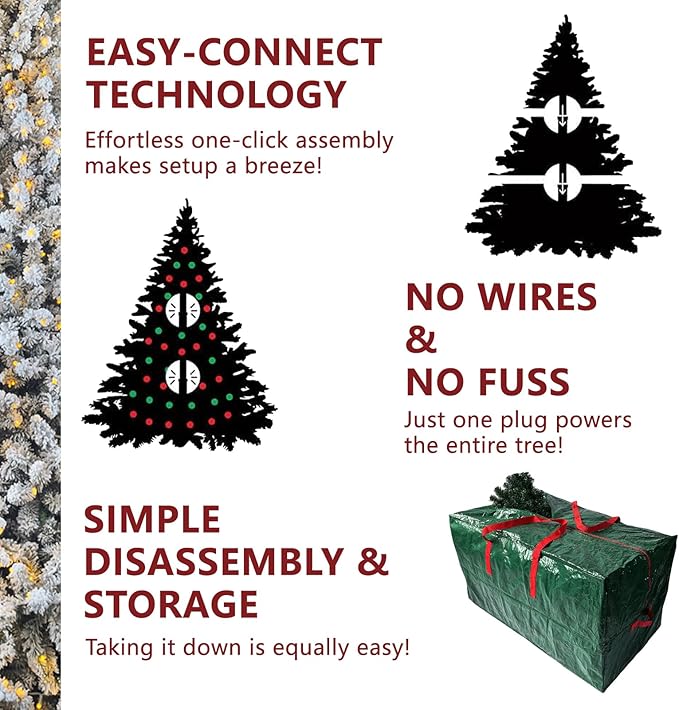 7.5ft Snow Flocked Christmas Tree Pre-lit with 798 Warm & Multi-Color Automatic Lights Christmas Tree with 1869 PVC Branch Tips Xmas Tree for Holiday Home Decor