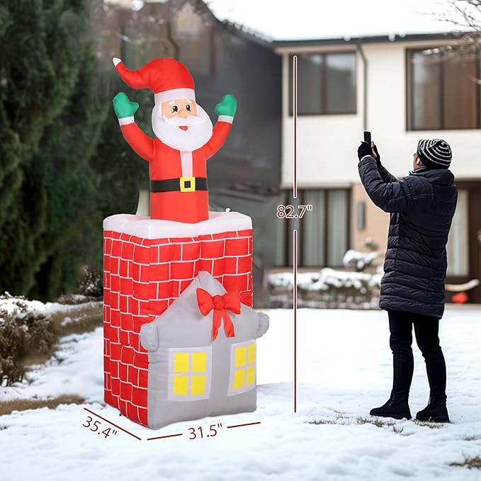 Outsunny 7FT Christmas Inflatable Santa in Chimney Up and Down, Outdoor Blow Up Santa Claus Christmas Decoration with Built-in LED Lights, Easy to Inflate for Indoor Party, Lawn, Garden, Holiday Decor