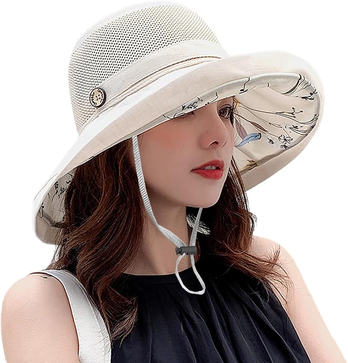 Women Wide Brim Sun Hats Metal Wired Edge Summer UV Protection Beach Fishing Hat for Hiking Garden Travel Chin Strap