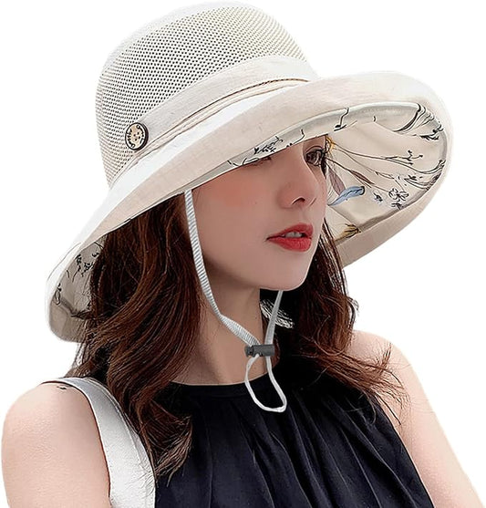 Women Wide Brim Sun Hats Metal Wired Edge Summer UV Protection Beach Fishing Hat for Hiking Garden Travel Chin Strap