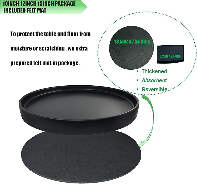 Ceramic Plant Saucer Black Deep Pot Tray - 1 Pack 15 inch, Planter Saucers Water Drip Trays for Indoors Outdoor, Thick Durable Sturdy Flower Pot Saucers for Glazing Pots Base(15"/13.5"-Size)
