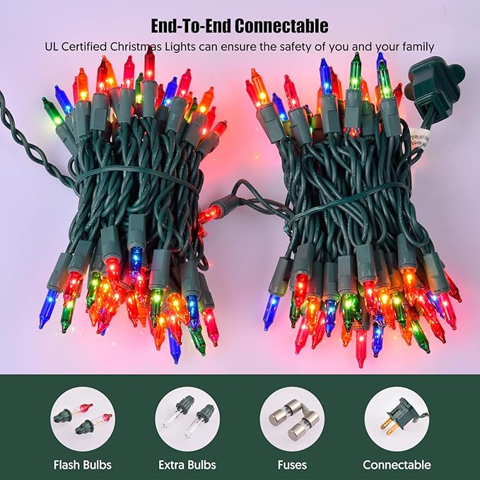 Christmas Lights Multicolor 100 Count Incandescent Light UL Certified Connectable Christmas Tree Lights with Green Wires for Indoor Outdoor Xmas, Wedding, Holiday, Party, Home Decorations
