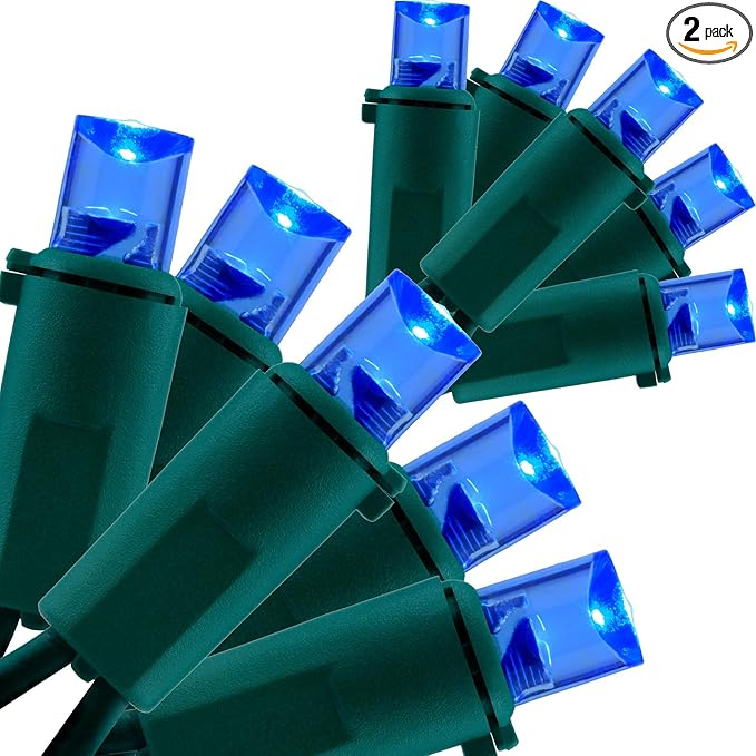 YULETIME Blue Wide Angle LED Christmas Lights 200 Count 50 ft, Pack of 2 Strands 25 ft 100 Lights UL Certified Commercial Grade String Light Set (Blue)