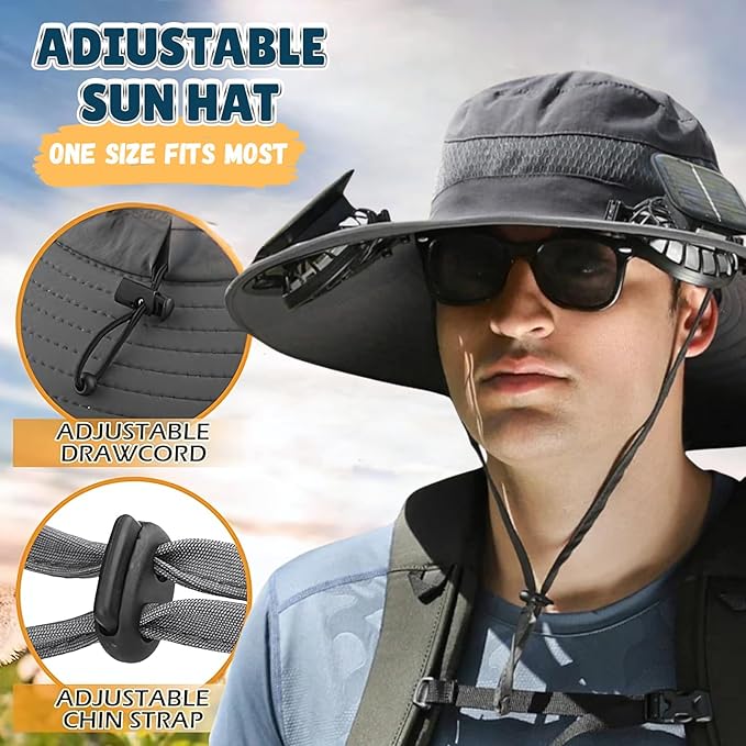 Outdoor Wide Brim Sun Hat with 2 Solar Fan Sun Bucket Hat for Men Women UPF 50+ Bucket Fishing & Beach Hat with Fan Built in