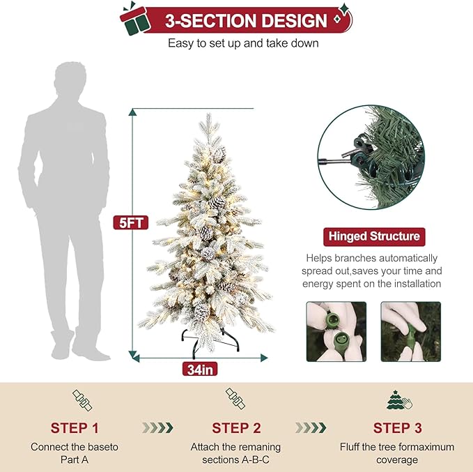 5 FT Pre-Lit Snow Flocked Slim Fir Christmas Tree with 671 PE & PVC Mixed Branch Tips,Artificial Skinny Pencil Xmas Tree with 450 Warm-White Lights & 25 Pine Cones,Hinged Pine Tree with Metal Stand