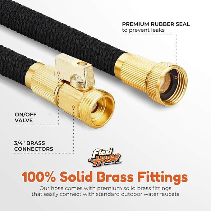 Flexi Hose Upgraded Expandable Garden Hose Extra Strength 3/4 Solid Brass Fittings - The Ultimate No-Kink Flexible Water Hose (Black, 50 FT)