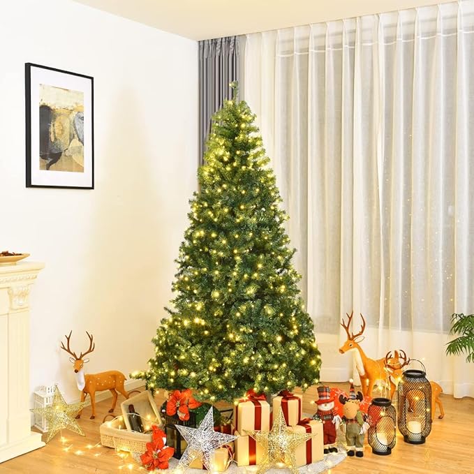 HAPPYGRILL 7FT Pre-lit Artificial Christmas Tree with 500 LED Lights, 1570 PVC Branch Tips and Foldable Base, Premium Spruce Tree Hinged Xmas Tree with 11 Color Modes for Holiday Decor