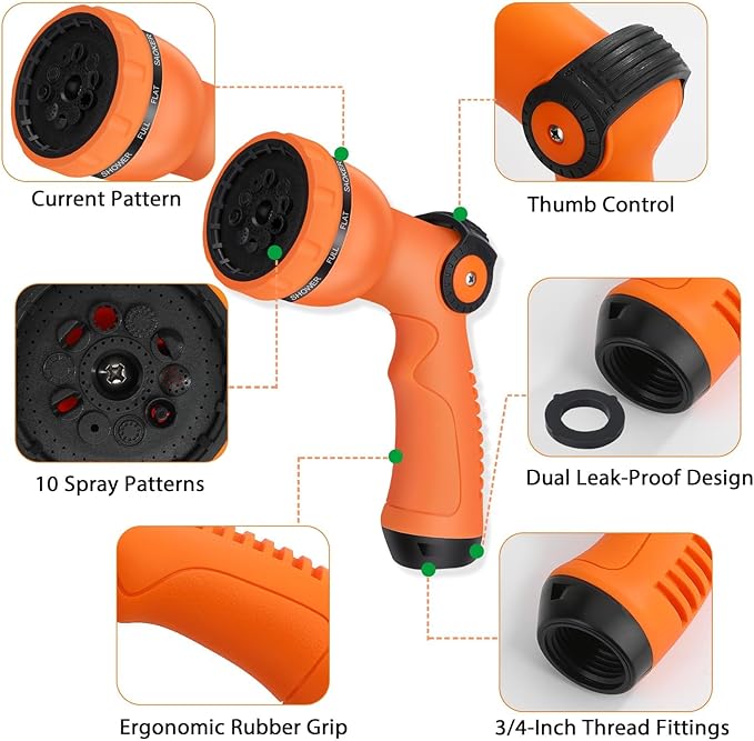 Water Hose Spray Nozzle - Garden Hose Nozzle with 10 Spray Patterns.Thumb Switch Design for Easy Water Flow Control, Upgraded Hose Sprayer Nozzle for Watering Plants,Lawn,Pet Bathing and Cleaning