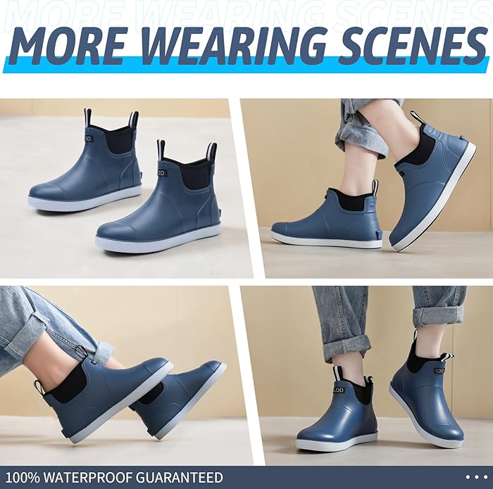 Women's Ankle Rain Boots - Slip On Waterproof Festival & Garden Shoes for Men - Comfortable Lightweight Rubber Wellies with Decorative Buckle