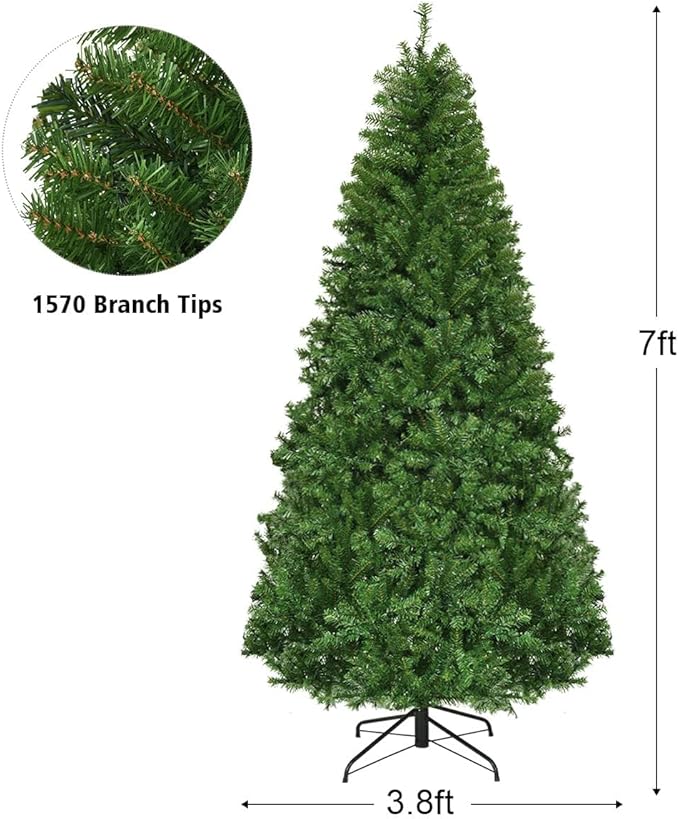 HAPPYGRILL 7FT Pre-lit Artificial Christmas Tree with 500 LED Lights, 1570 PVC Branch Tips and Foldable Base, Premium Spruce Tree Hinged Xmas Tree with 11 Color Modes for Holiday Decor