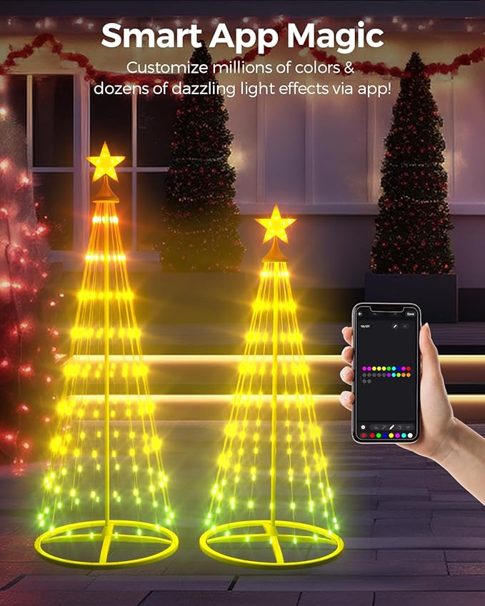 4ft+5ft Smart Outdoor Lighted Christmas Tree Set, 16 Mil Color Changing, Music Sync, Timer, Group Control, RGB Led Christmas Decorations for Indoor Outdoor