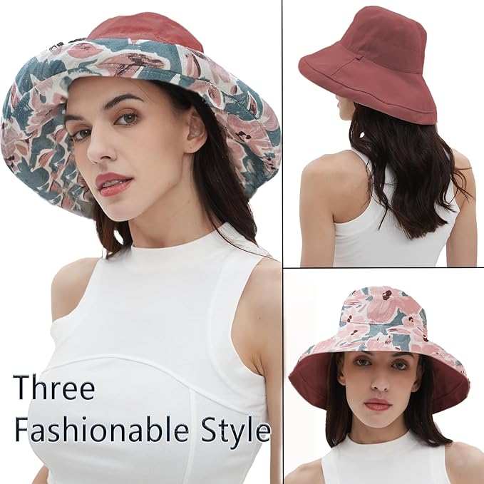 vidsel Womens Sun Hats Wide Brim Reversible Bucket Cotton Hat Packable Summer Travel Cap with Hat Clip,UV Protection