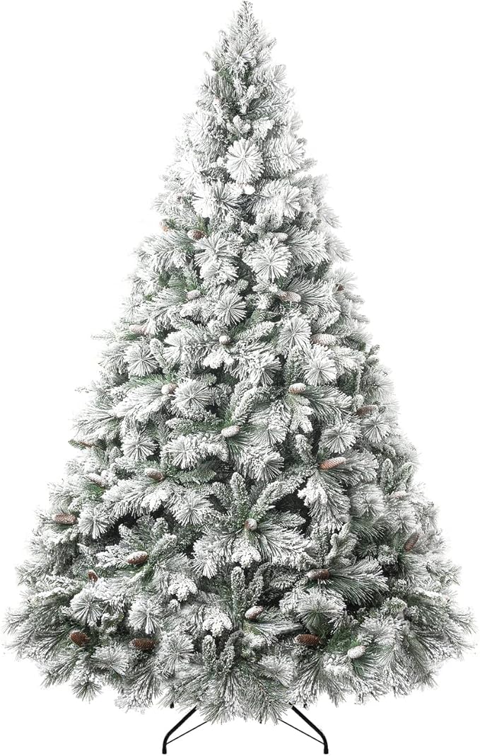 Glasgow 6.5ft Frosted Prelit Artificial Christmas Tree with Pine Cones, Foot Pedal, 1040 Branch Tips, 650 Warm Lights & Metal Stand, 56" Wide Realistic Snow Flocked Pine Christmas Tree with Lights