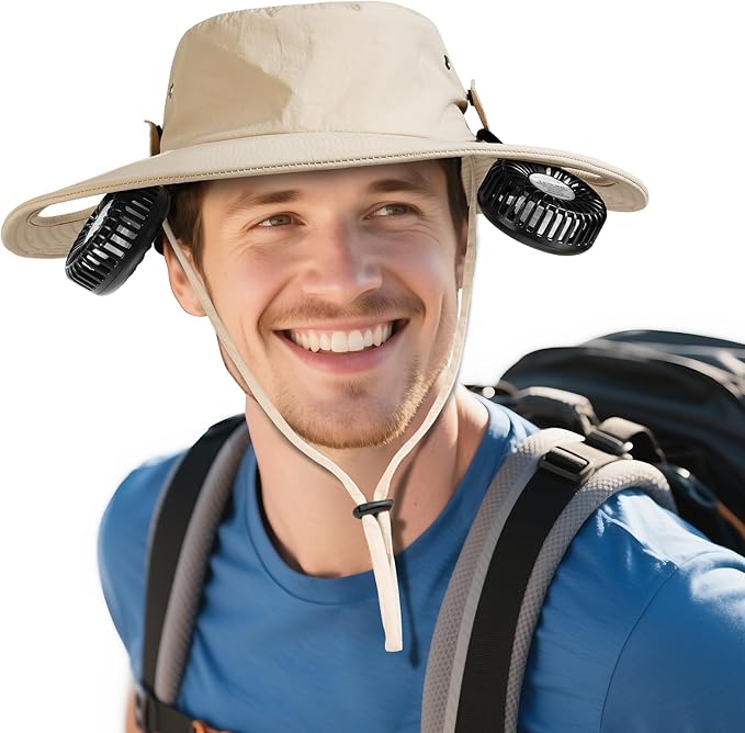 2-in-1 Hands-Free Hat Fan Neck Fan UPF 50+ Wide Brim Sun Hat 16Hrs Running 3-Speed Fishing Essentials for Men Women