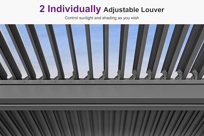 PURPLE LEAF Louvered Pergola 12' x 16' Outdoor Retractable Modern Hardtop Full Aluminum Pergola with Adjustable Rainproof Roof and 24 White LED String Lights for Patio Deck Backyard Slate Grey