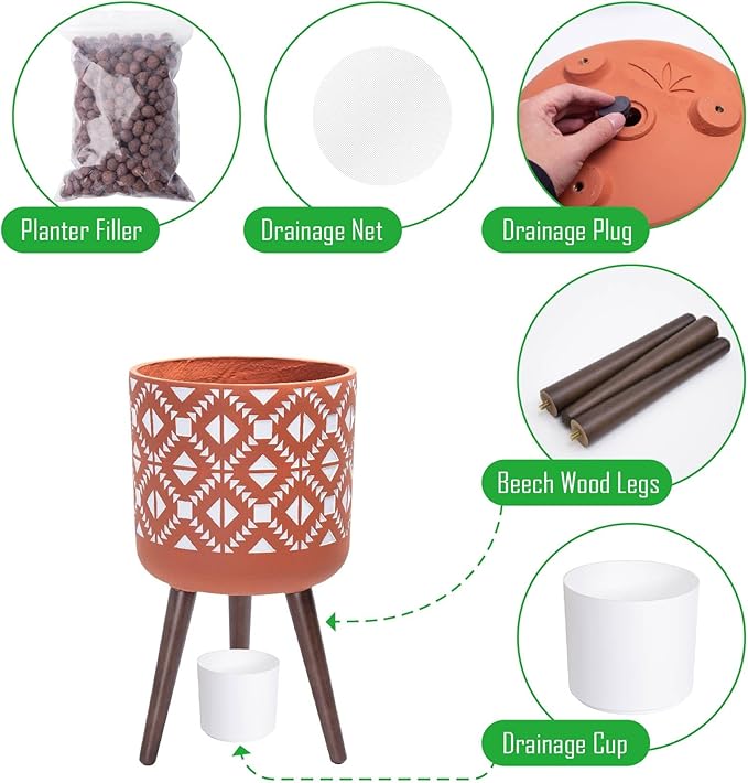 D'vine Dev 12 Inch Planter Pot with Stand, Mid-Century Tall Plant Pot with Legs for Indoor Plants, Pottery Red Terracotta/White, 88-G-C-5