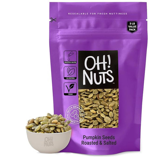 Oh! Nuts Pumpkin Seeds - Roasted Salted - 3 lb - No Shell Pepitas - Packed in New York Zip-Seal Bag for Exceptional Freshness