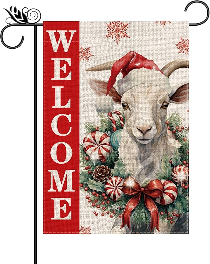 Christmas Garden Flag Welcome Xmas Goat Winter Holiday Decorations Burlap Vertical Double Sided Farmhouse Yard Lawn Outdoor Decor 12.5 x 18 Inch