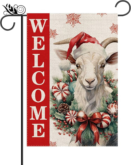 Christmas Garden Flag Welcome Xmas Goat Winter Holiday Decorations Burlap Vertical Double Sided Farmhouse Yard Lawn Outdoor Decor 12.5 x 18 Inch