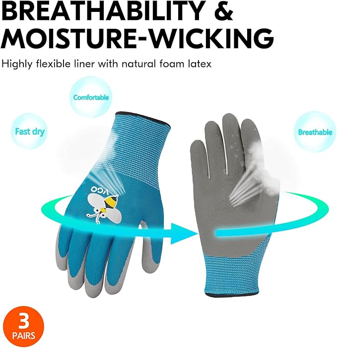 Vgo... 3-Pairs Age 3-5 Kids Gardening Gloves, Children Yard Work Gloves, Soft Safety Rubber Gloves (XXXS, KID-RB6013)