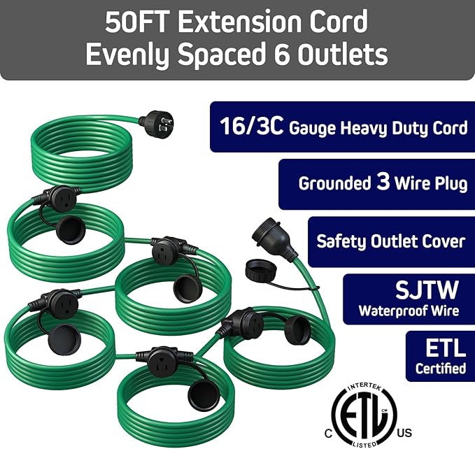 50FT Green Outdoor Extension Cord, Evenly Spaced 6 Outlets Plugs with Waterproof Cover, 16/3 SJTW Weatherproof Multiple Outlets Wire for Holiday Light and Halloween Christmas Decoration, ETL Listed
