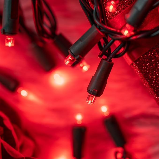 YULETIME Red Wide Angle LED Christmas Lights 200 Count 50 ft, Pack of 2 Strands 25 ft 100 Lights UL Certified String Light Set (Red)