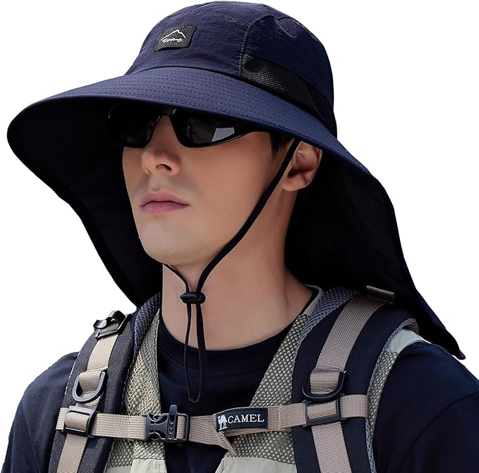 Rosoz Outdoor Sun Hat for Men Women, UPF50+ Protection Safari Cap Wide Brim Mesh Fishing Hat with Neck Flap Beach Garden