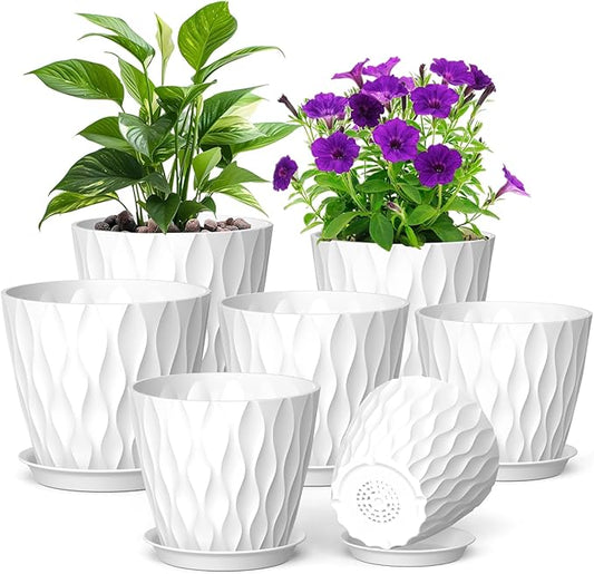 7/6.5/6/5.5/5/4.5/4 inch Plant Pots for Indoor Outdoor Plants, 7 Pack Thick Flower Pots with Drainage Holes and Saucers, Modern Wave Texture Plastic Planter Pots for Nursery, Succulent, White