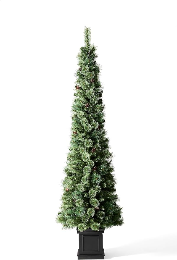 Glitzhome 7 FT Pre-Lit Artificial Christmas Tree, Lighted Entrance Tree Green Pine Christmas Porch Tree with 200 Warm White Lights,9 Functional Warm White/Multi-Color, Remote Controller