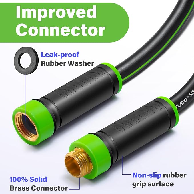 FLATO Garden Hose 5/8" x 50FT, Light Weight and Flexible, All Weather Use, Hybrid Polymer Water Hose with Brass Fittings, for Yard, Outdoor, Lawn (Black, Green stripes)