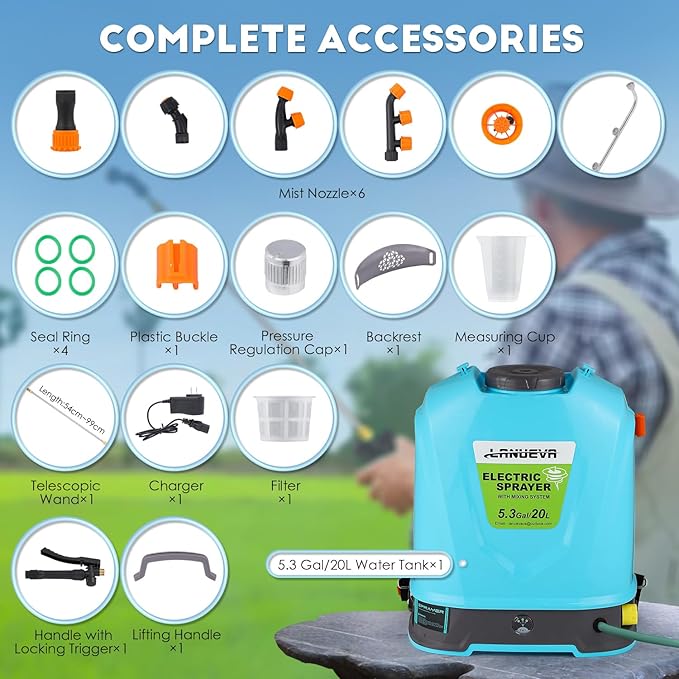 LANUEVA 5.28 Gallon Battery Powered Sprayer with Mixing System, Backpack Electric Sprayer with 6 Mist Nozzles, Telescopic Wand, Shoulder Strap, 78-101 PSI Adjustable Pressure for Lawn & Garden (20L)