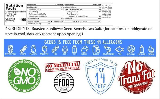 Lightly Sea Salted Sunflower Seed Kernels by Gerbs - 2 LBS - Top 11 Food Allergen Free & Non GMO - Premium Dry Roasted Seeds – COG USA