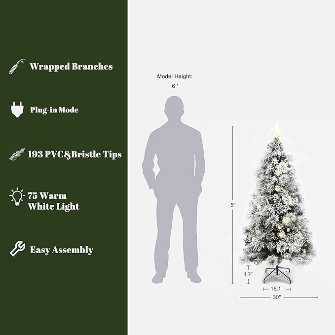 LuxenHome 5FT Flocked Christmas Tree, Christmas Tree with Lights, Pine Cones and Red Berries, White Artificial Trees with 75 LED Lights, 193 PVC and Bristle Tips for Living Room, Entryway Decor