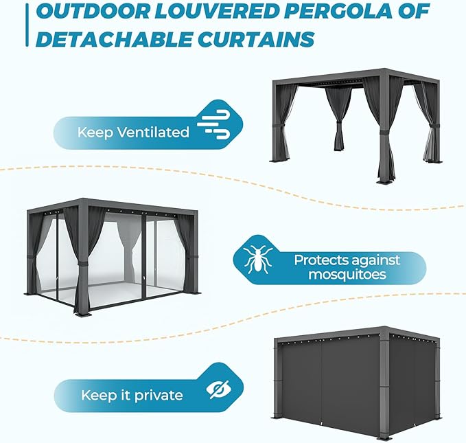 LVUYOYO Outdoor Louvered Pergola 10' x 13', Aluminum Pergola with Adjustable Roof, Waterproof Metal Gazebo with Curtains and Netting for Patio, Backyard, Garden, Deck (Black)