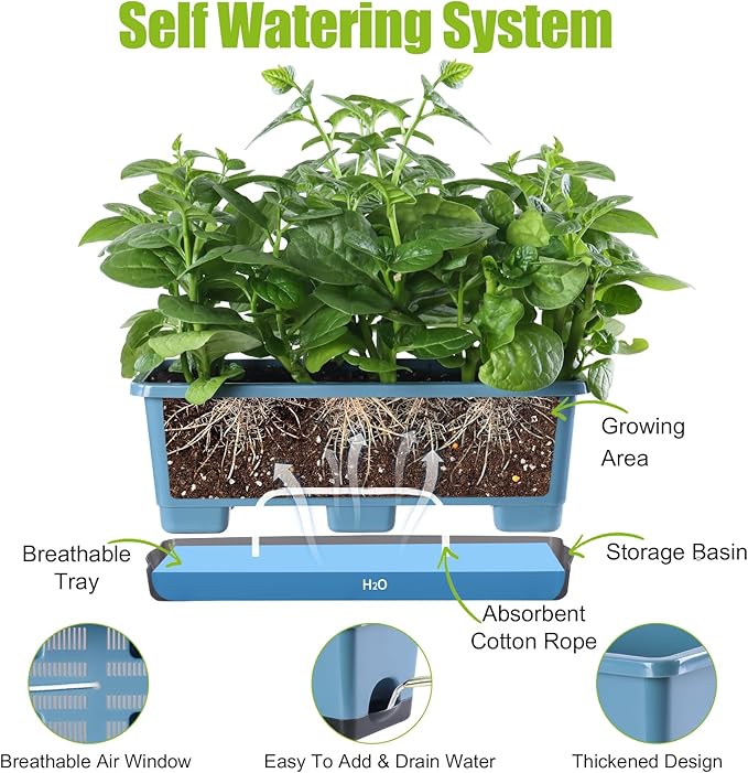 Window Box Planter 8 Pcs, 17 Inches Rectangle Flower Pots with Drainage Holes and Trays, Vegetable Planters for Windowsill Patio Garden Balcony Home Porch Yard Indoor Outdoor (Blue)